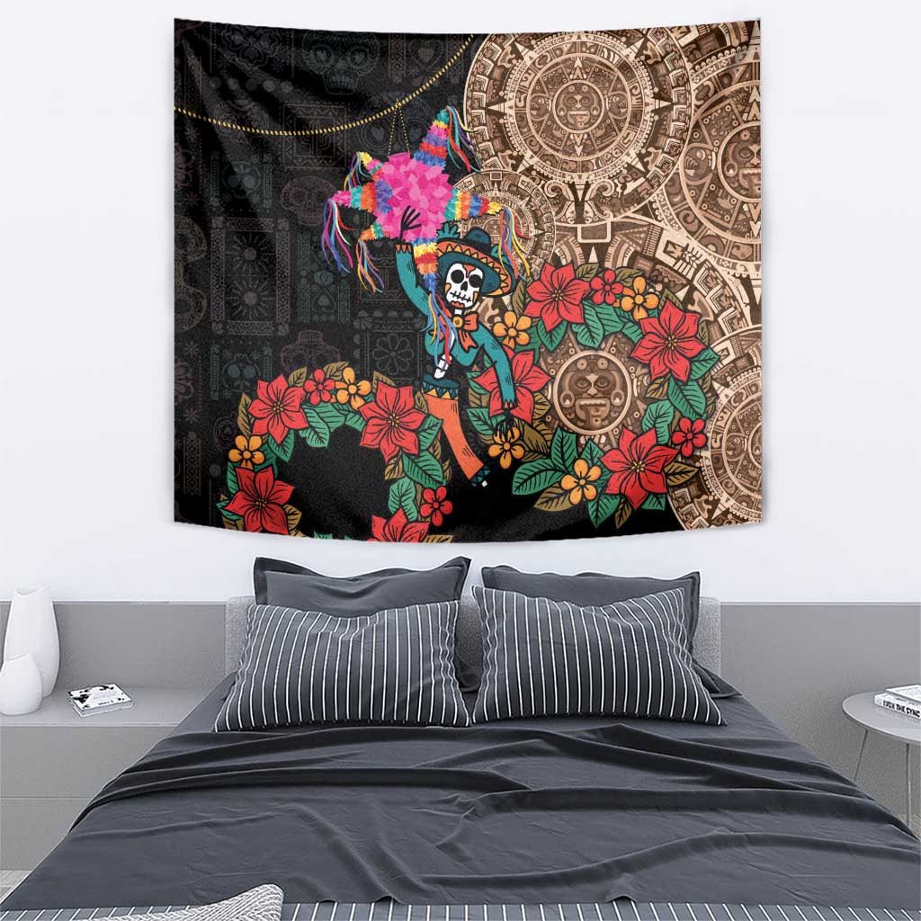Wall tapestry with black background, Aztec circular patterns, colorful flowers, and skeleton face