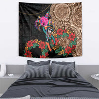 Wall tapestry with black background, Aztec circular patterns, colorful flowers, and skeleton face