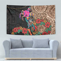 Black tapestry wall hanging with Aztec-style circle artwork and vibrant floral skull figure