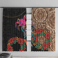 Set of window curtains: black floral and skull design beside brown Aztec circle pattern curtain