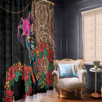 Window curtain panel with black ground, colorful skull and floral accents, tied at top