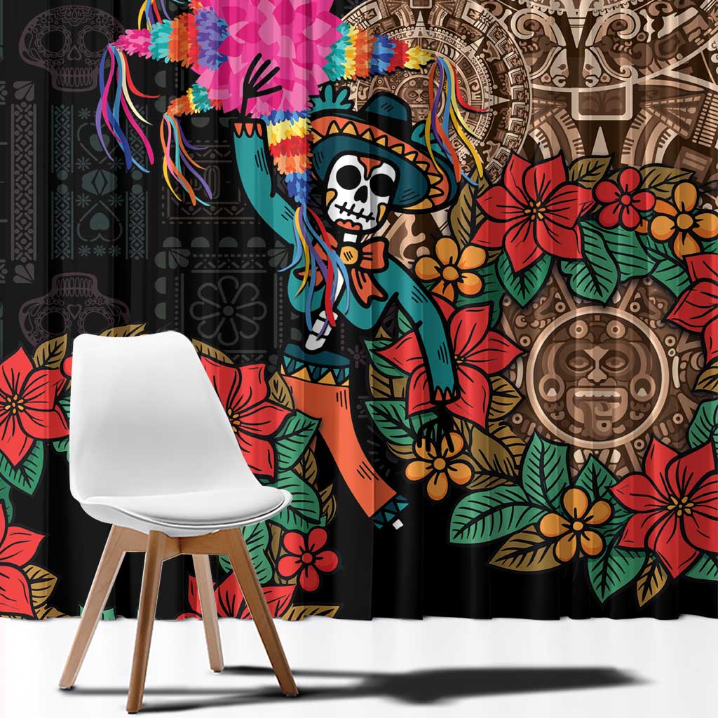 Front view curtain with colorful Aztec skull, bright flowers, and striped ribbons on fabric