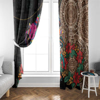 Hanging curtains: black panel with colorful skull and flowers next to brown Aztec circle panel