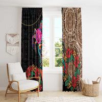 Curtain set over white window: black floral skull panel and brown Aztec circle panel