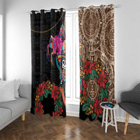 Room view with hanging curtains: black multicolor skull and floral panel, brown Aztec circle panel