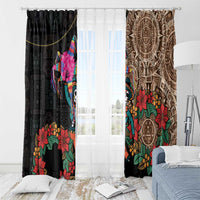 Window curtains with black and brown panels featuring Aztec circle art and colorful floral motifs