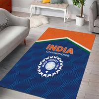 Blue India Champions area rug with orange border and cricket logo, laid on light floor