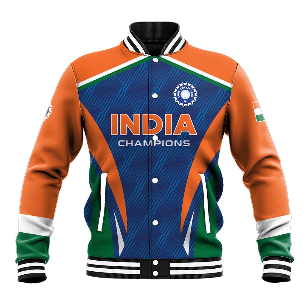 Cricket baseball jacket, orange sleeves, blue front with INDIA CHAMPIONS, snap buttons