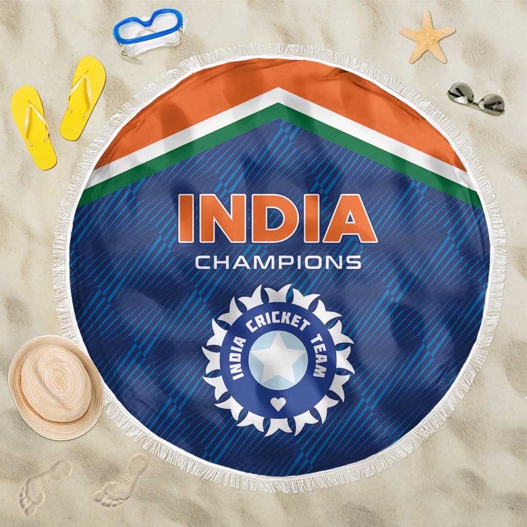 Beach blanket, circular blue India Champions design with orange border and white fringe