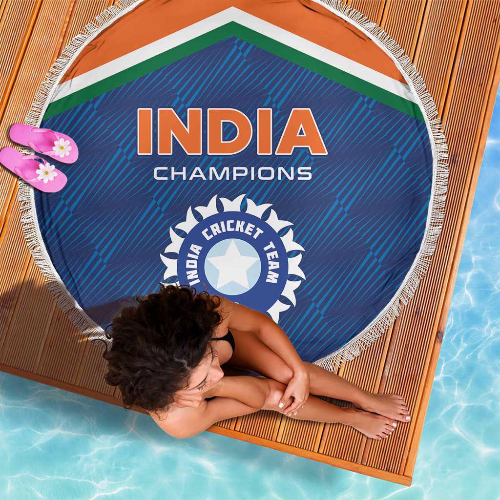 Beach blanket, circular blue India Champions center with orange border and white fringe