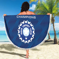 Beach blanket, circular blue cricket team emblem and INDIA CHAMPIONS lettering with fringe