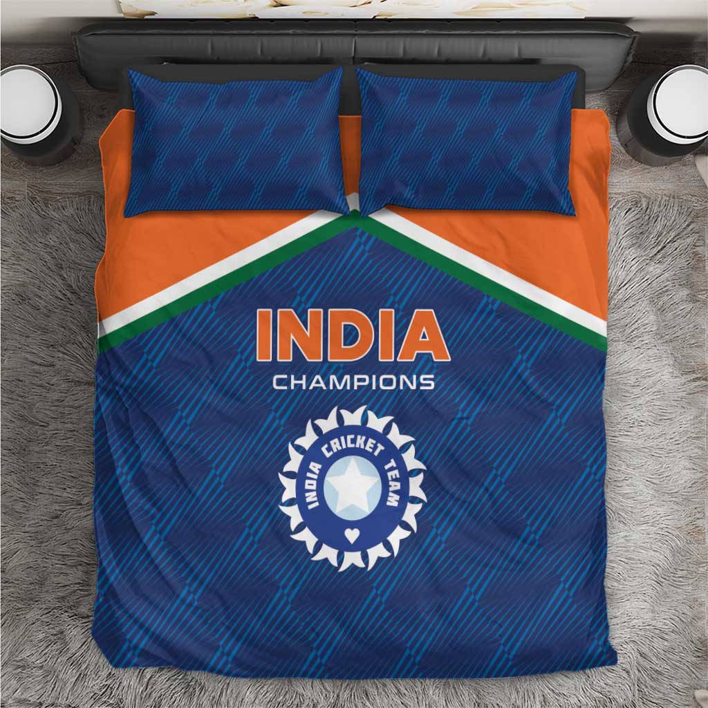 Blue and orange cricket-themed bedding set with India Champions logo and two pillow shams