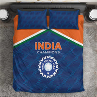 Blue and orange cricket-themed bedding set with India Champions logo and two pillow shams