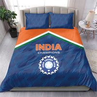 Blue and orange India Champions bedding set with cricket emblem centered on duvet and shams