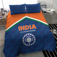 Blue and orange India Champions duvet with cricket emblem, green-and-white stripe detail