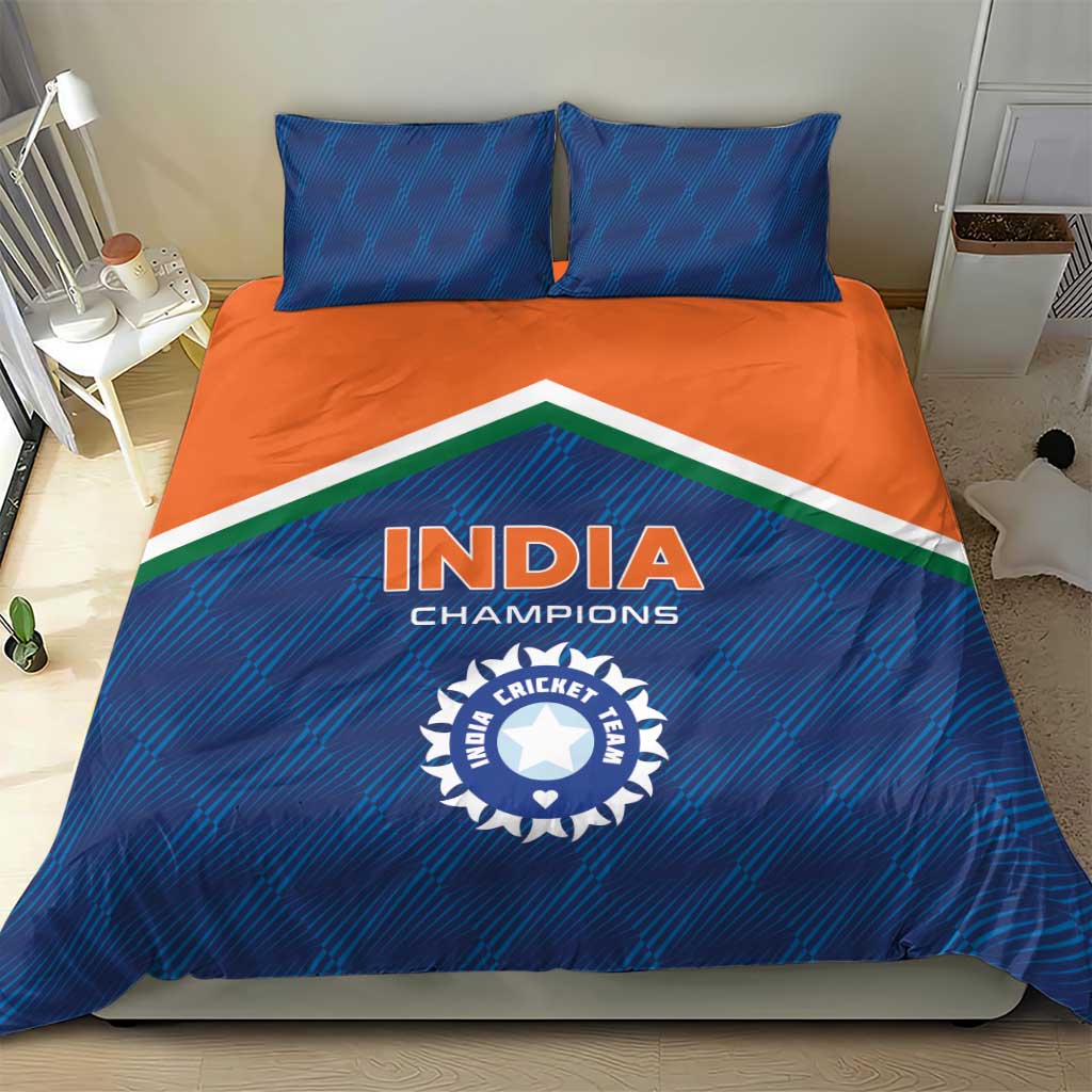 Blue and orange India Champions bedding set with duvet logo and green-and-white diagonal stripe