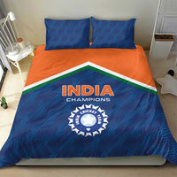 Blue and orange India Champions bedding set with duvet logo and green-and-white diagonal stripe
