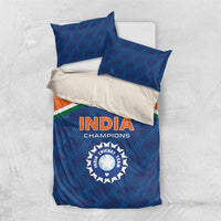 Blue India Champions bedding set with two blue pillows and orange accent stripe on duvet