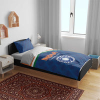 Blue India Champions bedding set on bed with centered duvet logo and matching pillow shams