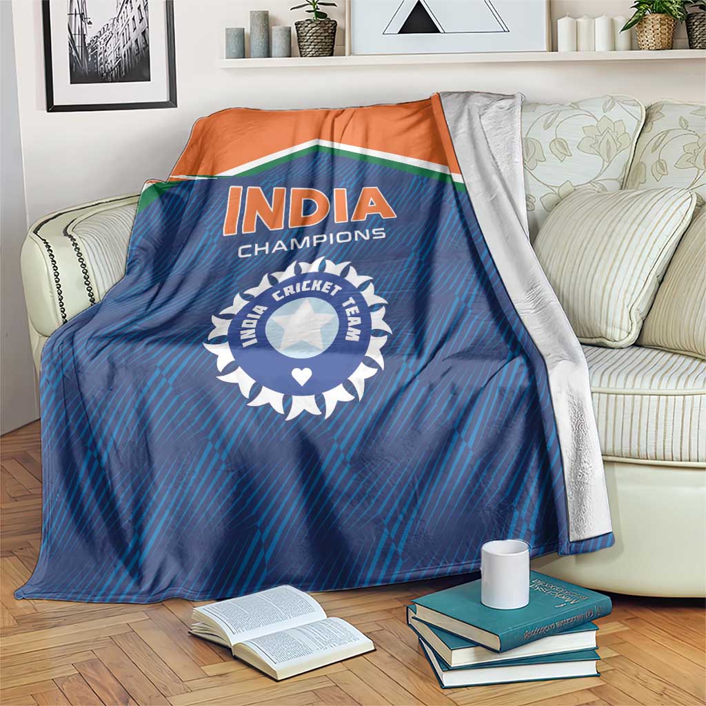 India cricket champions blanket, blue with orange border and large 'INDIA' emblem