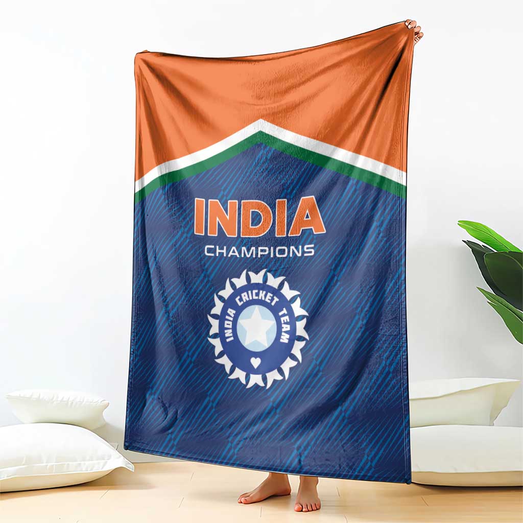 India cricket champions blanket with orange top and blue center, 'INDIA' text and crest