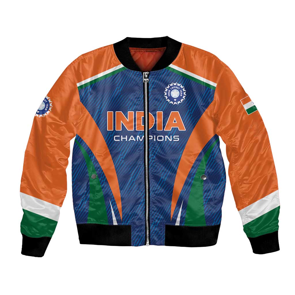 Orange and blue cricket bomber jacket with India Champions graphic, full zip front