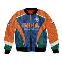 Orange and blue cricket bomber jacket with India Champions graphic, full zip front