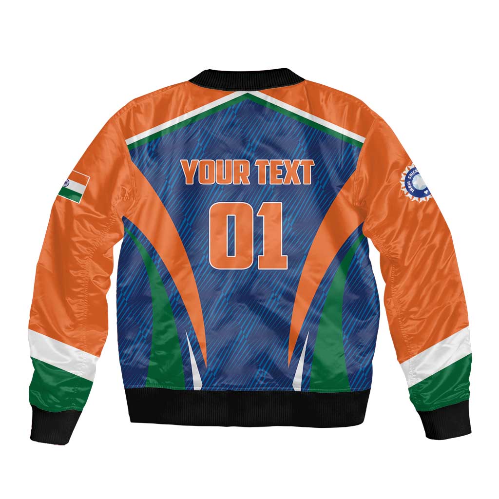 Orange cricket bomber jacket with back YOUR TEXT 01 graphic and full zip front