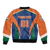 Orange cricket bomber jacket with back YOUR TEXT 01 graphic and full zip front