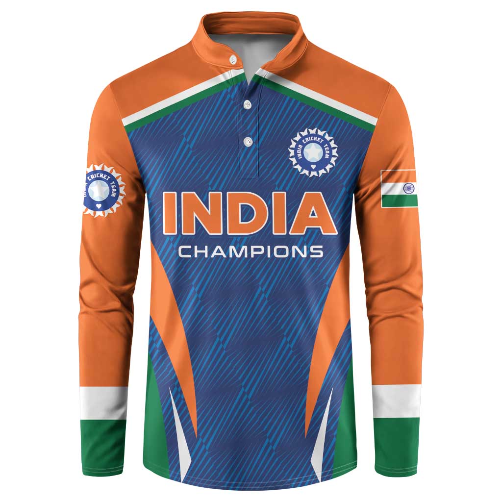 Men's cricket button sweatshirt, blue front with 'INDIA CHAMPIONS' print, orange sleeves