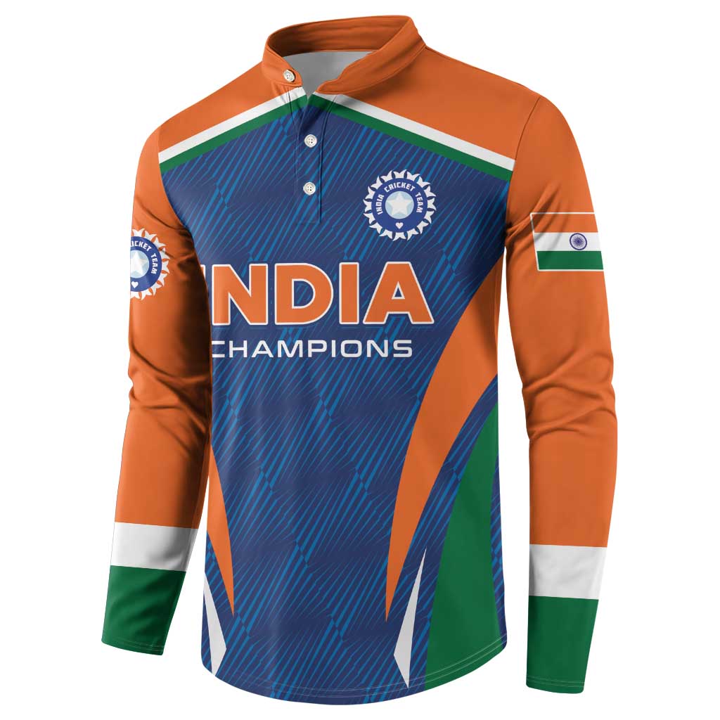 Men's cricket button sweatshirt with 'INDIA CHAMPIONS' front graphic, blue body, orange sleeves