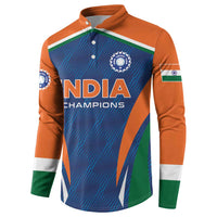 Men's cricket button sweatshirt with 'INDIA CHAMPIONS' front graphic, blue body, orange sleeves