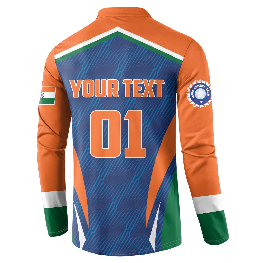 Men's cricket button sweatshirt with blue back graphic 'YOUR TEXT' and 01, orange sleeves