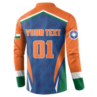 Men's cricket button sweatshirt with blue back graphic 'YOUR TEXT' and 01, orange sleeves