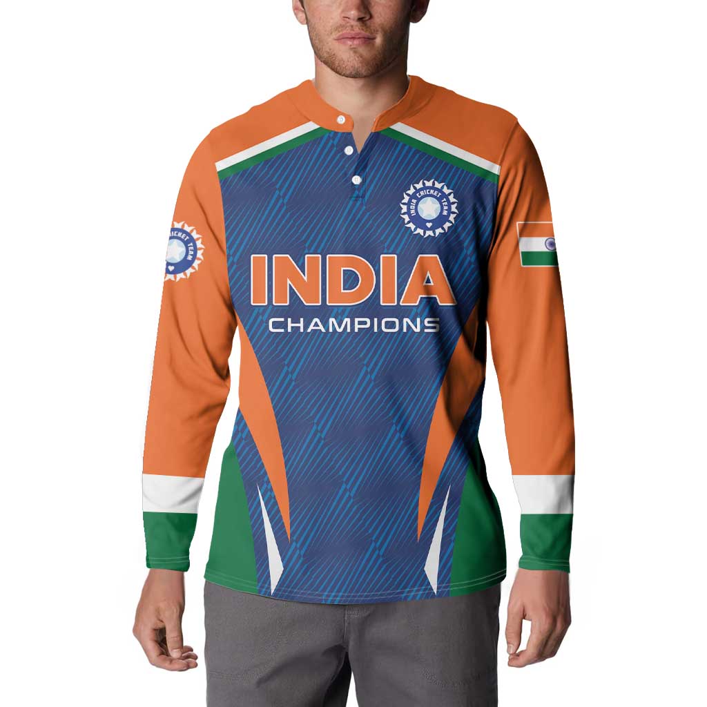Men's cricket button sweatshirt with button collar, orange sleeves, blue 'INDIA CHAMPIONS' front