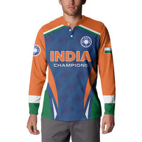 Men's cricket button sweatshirt with button collar, orange sleeves, blue 'INDIA CHAMPIONS' front