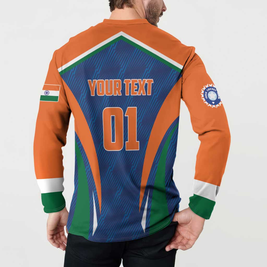 Men's cricket button sweatshirt with orange sleeves and green accents, blue back 'YOUR TEXT 01'