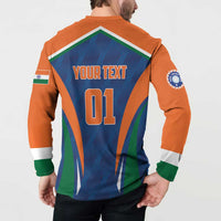 Men's cricket button sweatshirt with orange sleeves and green accents, blue back 'YOUR TEXT 01'