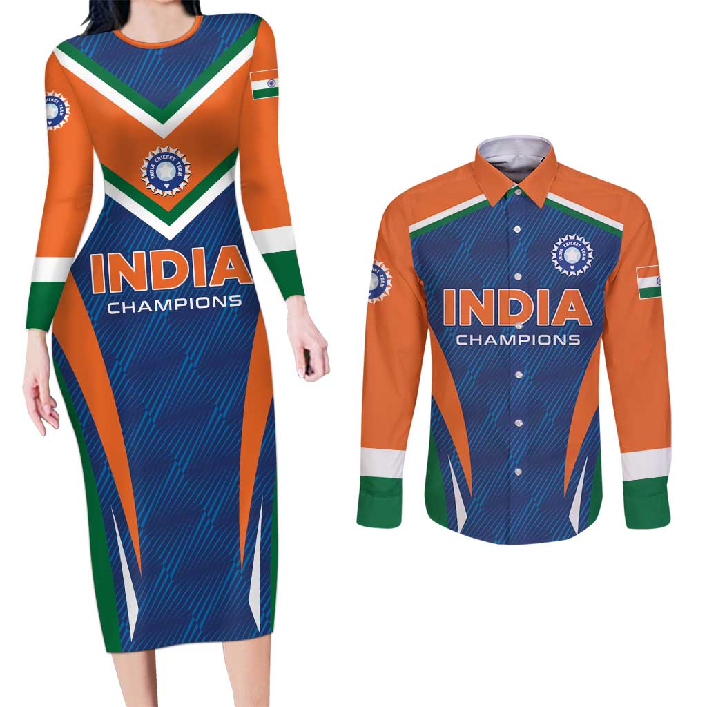 Custom India Cricket Couples Matching Long Sleeve Bodycon Dress and Long Sleeve Button Shirt The Men In Blue Champions - Wonder Print Shop