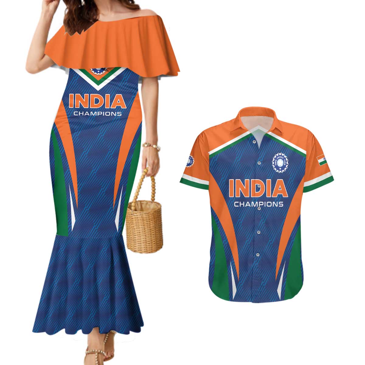 Custom India Cricket Couples Matching Mermaid Dress and Hawaiian Shirt The Men In Blue Champions - Wonder Print Shop