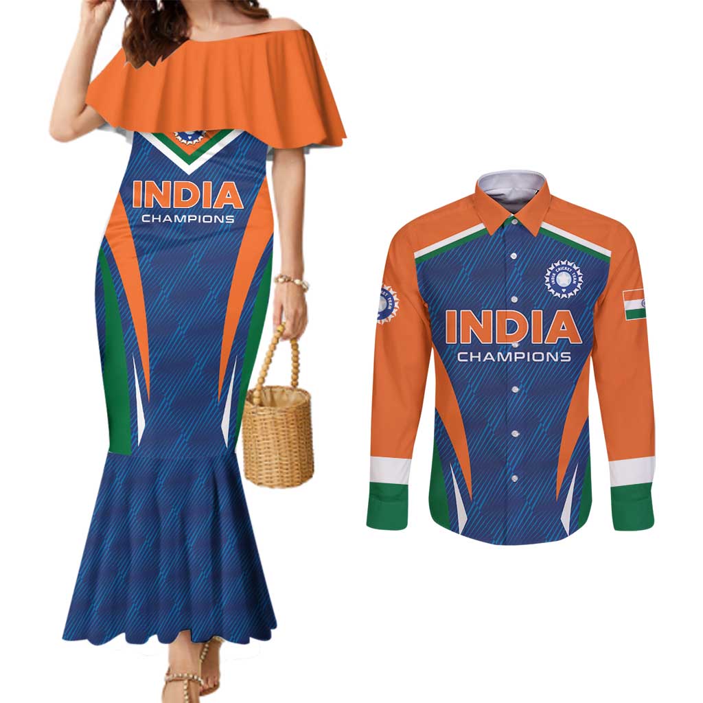 Custom India Cricket Couples Matching Mermaid Dress and Long Sleeve Button Shirt The Men In Blue Champions