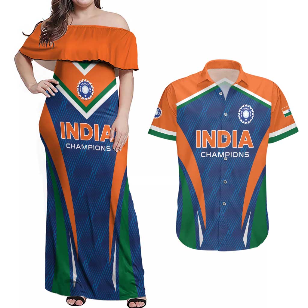 Custom India Cricket Couples Matching Off Shoulder Maxi Dress and Hawaiian Shirt The Men In Blue Champions - Wonder Print Shop