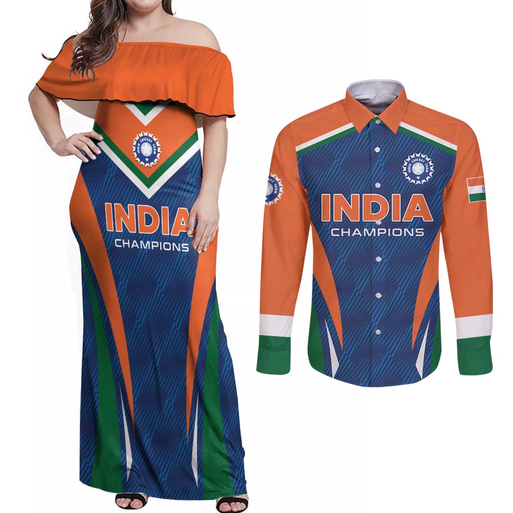 Custom India Cricket Couples Matching Off Shoulder Maxi Dress and Long Sleeve Button Shirt The Men In Blue Champions - Wonder Print Shop