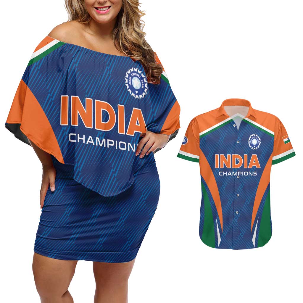 Custom India Cricket Couples Matching Off Shoulder Short Dress and Hawaiian Shirt The Men In Blue Champions - Wonder Print Shop