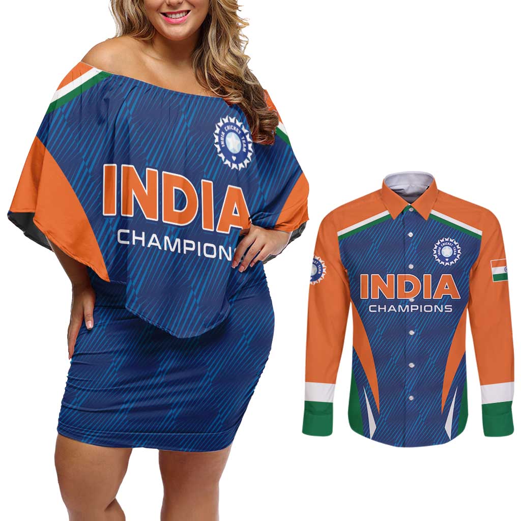 Custom India Cricket Couples Matching Off Shoulder Short Dress and Long Sleeve Button Shirt The Men In Blue Champions - Wonder Print Shop