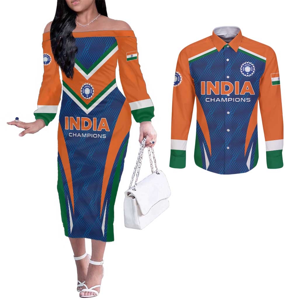 Custom India Cricket Couples Matching Off The Shoulder Long Sleeve Dress and Long Sleeve Button Shirt The Men In Blue Champions