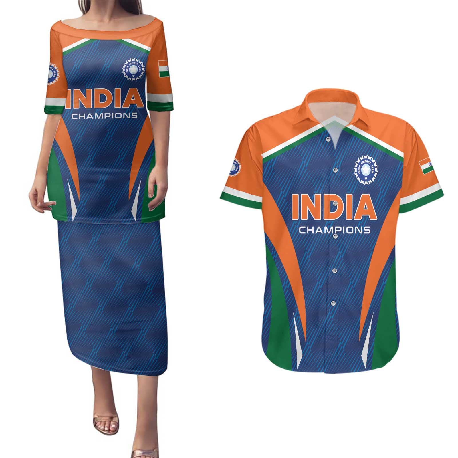 Custom India Cricket Couples Matching Puletasi and Hawaiian Shirt The Men In Blue Champions - Wonder Print Shop