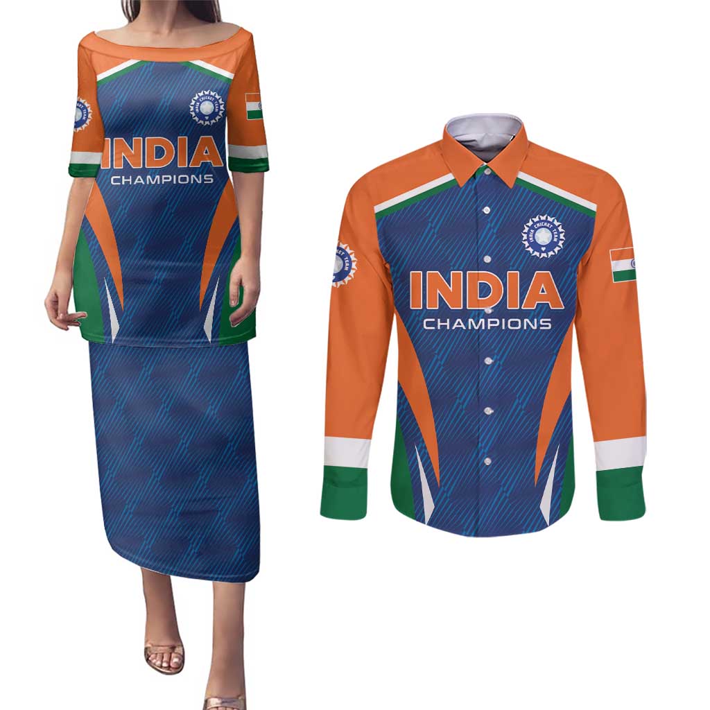 Custom India Cricket Couples Matching Puletasi and Long Sleeve Button Shirt The Men In Blue Champions - Wonder Print Shop