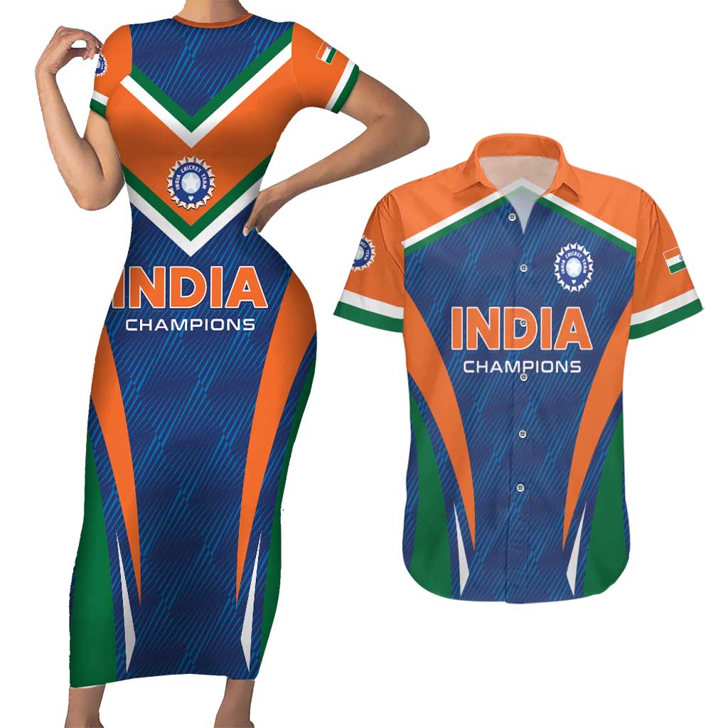 Custom India Cricket Couples Matching Short Sleeve Bodycon Dress and Hawaiian Shirt The Men In Blue Champions - Wonder Print Shop