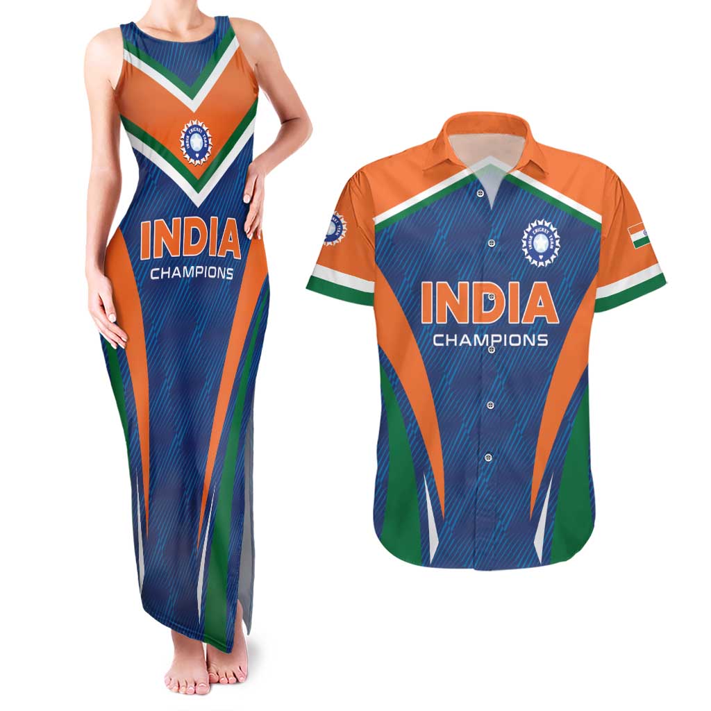 Custom India Cricket Couples Matching Tank Maxi Dress and Hawaiian Shirt The Men In Blue Champions - Wonder Print Shop